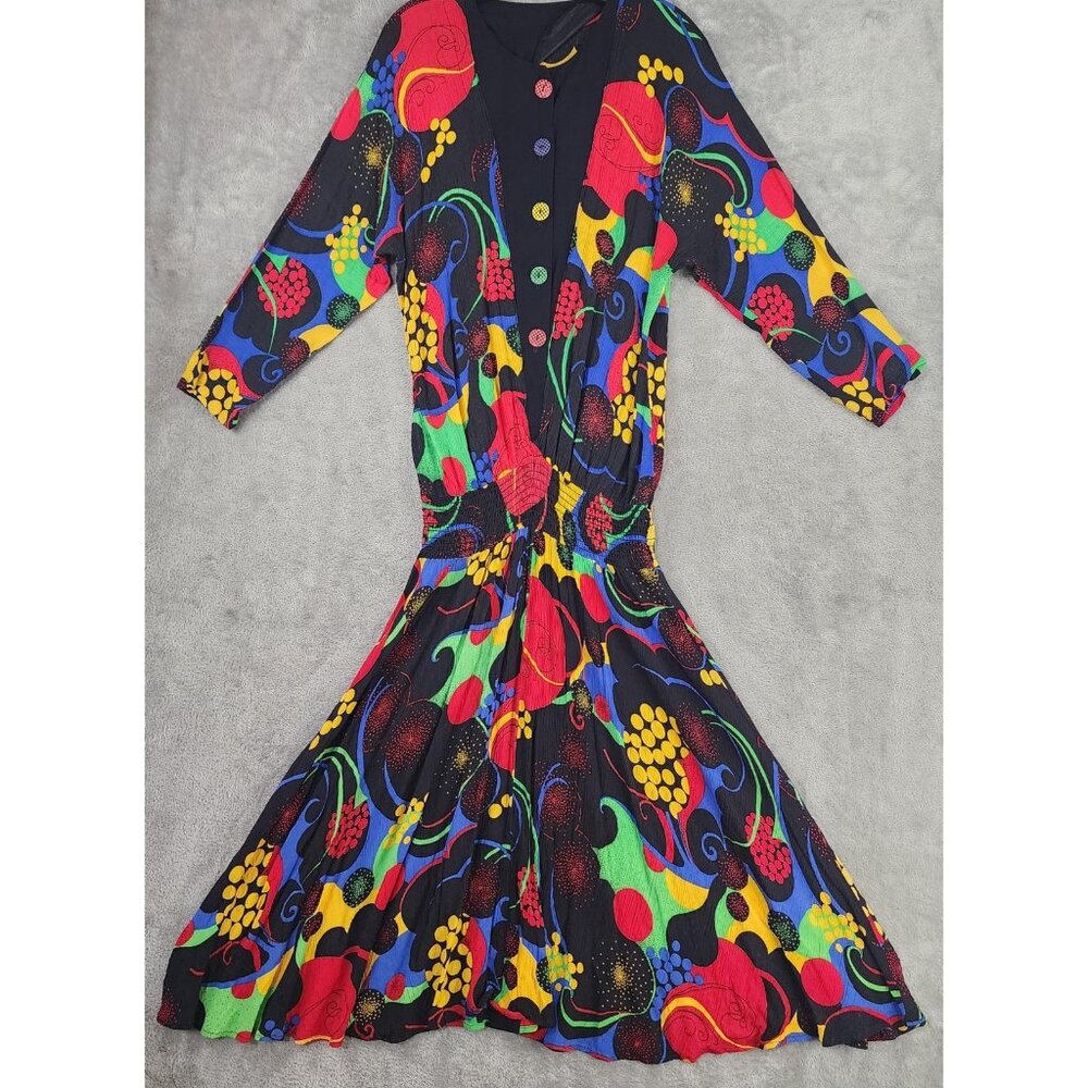 Carole Little Dress Womens Medium Multicolor Big Button Smocked 80s Vintage USA